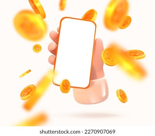 Scattering coins with a mobile in hand. Winning and prize. Getting points in the game. Getting income. Vector illustration.