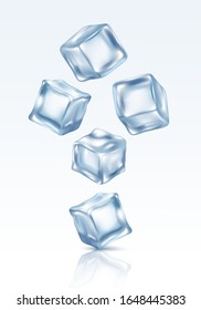 La dispersión de cubos de hielo cristalino es una ilustración vectorial realista sobre fondo blanco. Plantilla de bloques cuadrados de hielo de caída transparente para el embalaje de bebidas.