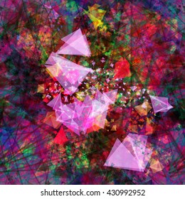 As a a scattering of gems on color  surface. Colorful abstract seamless vector background. Triangular elements, crystals, thin straight lines, scratches, streaks, spots. Randomly mixed.