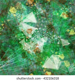 As a scattering of gems on green rough surface. Color abstract seamless vector background. Triangular elements, crystals, thin straight lines, scratches, streaks, spots. Randomly mixed.