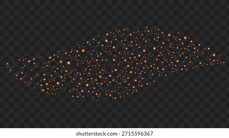 Streuung von leuchtenden orangefarbenen Teilchen auf transparentem Hintergrund, die an Staub oder Glut erinnern.