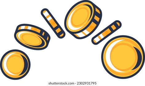 Scattering of gold coins falls and spins in air. Golden metal coins rotation, falling money frame animation elements. Simple cartoon outline vector isolated on white background