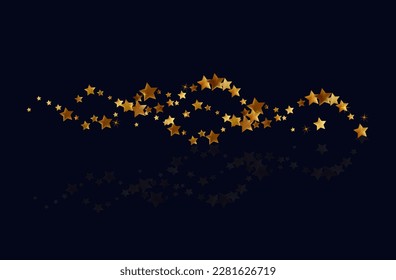 A scattering of golden stars. Magical light, glitter of tinsel, sparkle of confetti. Falling golden star shapes reflected in the night sky. Bright sparkles fly in the space of the universe. Vector.