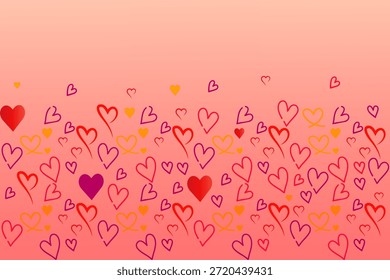 Una dispersión de corazones dibujados a mano en rojo púrpura y amarillo sobre un fondo de gradiente rosa amor romance