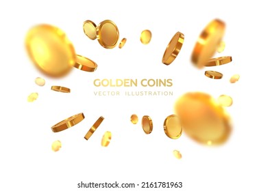 Scattering realistic, golden 3D coins. Flying isolated on white background. Vector illustration