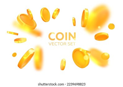 Scattering realistic, golden 3D coins. Explosion, falling coins. Isolated on background. Vector illustration svg