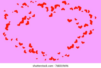 A scattering of red hearts on a pink background, a place for an inscription, a postcard to St. Valentine's Day