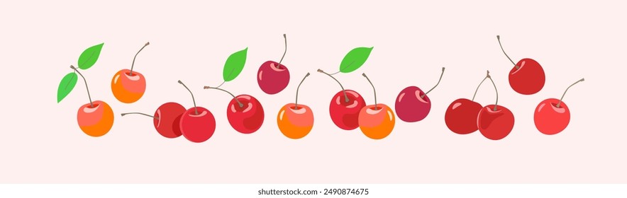 Dispersión de cerezas rojas y amarillas maduras con hojas y tallo. Anuncio Horizontal de Vector en estilo plano para etiqueta de tarro de mermelada, para diseño de libros de cocina, recetas, blogs de jardinería.