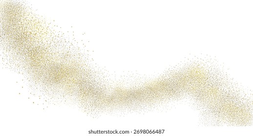 Streuung von kleinen goldenen und braunen Glitzerpartikeln, die eine dynamische wirbelnde Form auf weißem Hintergrund bilden.