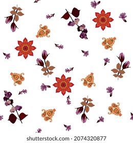 A scattering of small lilac flowers, rosebuds, sprigs of dolichos lablab, bright red mandalas and multicolored paisley isolated on a white background. Seamless print for fabric.