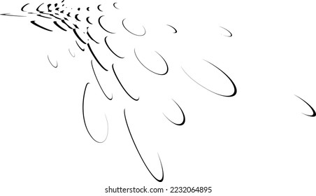 Scattering splashes. View in perspective. Drops of liquid, paint in contour outline with shadow. Vector.