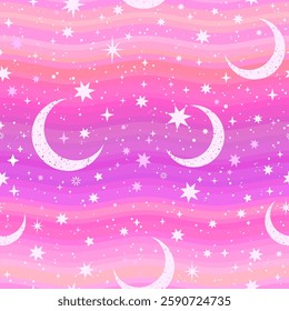 Scattering of stars and crescent moon on pink striped background. Seamless pattern