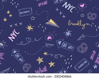 Scattering Stars, Love, Text, Line and others object element Seamless pattern isolated on navy blue background. Design for use background, textile fabric and others. Vector art illustration eps 10.
