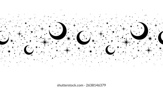 Scattering of stars and moons on a white background. Horizontal pattern