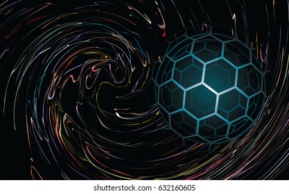 Scattering twisted particles and 3d sphere with hexagonal structures. Sci-fi background. Experimental design. Vector illustration