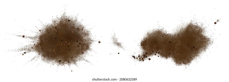 Scatters of black pepper seeds and powder. Vector realistic illustration of ground peppercorn seasoning with whole grains. Piles of hot bitter spice isolated on white background