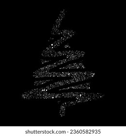 Scatters of sugar powder in fir tree shape isolated on dark background. Christmas tree shaped white dust. Flying baking flour top view. Crushed pieces of chalk.