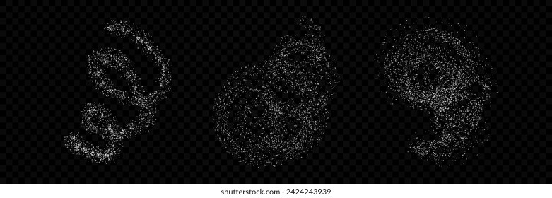 Scatters of sugar powder isolated on dark background. Flying baking powder on black. Crushed pieces of chalk. White spiral dust effect.