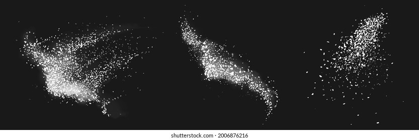 Scatters of sugar or salt crystals with white dust. Vector realistic set of stains of crushed pieces of chalk or sand, coarse culinary ground sea salt or sugar granules isolated on black background
