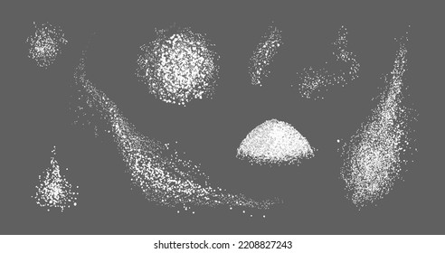 Scatters Of White Salt Or Sugar Crystals Realistic Set. Scattered Chalk. Culinary Spices, Sea Salt Or Powdered Sugar. Vector