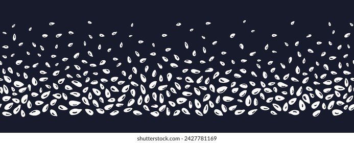 Scatters of white seeds. Black and white grainy texture. Culinary condiment, food ingredient. Seamless vector pattern on white background. Border