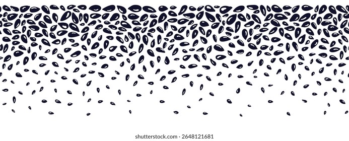 Scatters of white seeds of sesame seamless pattern. Black and white grainy texture, border. Culinary condiment, food ingredient repeat on white background