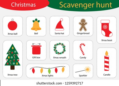 Scavenger hunt, christmas at home, different colorful pictures for children, fun education search game for kids, development for toddlers, preschool activity, set of icons, vector illustration