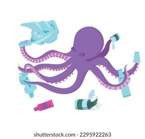 Scavenger octopus. The concept of pollution of the ocean and the environment with waste and plastic. Vector illustration isolated on white background.