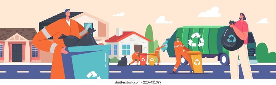 Scavengers in Uniform Collect Litter to Truck, Woman Throw Garbage into Recycling Bins on Street. Rubbish and Waste Recycling, City Cleaning Service Employees Work Process. Cartoon Vector Illustration