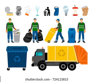 Scavengery, trash and garbage colored icons. Trash truck and garbage can, scavenger and household waste vector icon set