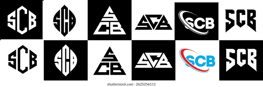 SCB letter logo design in six style. SCB polygon, circle, triangle, hexagon, flat and simple style with black and white color variation letter logo set in one artboard. SCB minimalist and classic logo