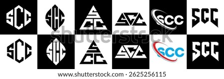 SCC letter logo design in six style. SCC polygon, circle, triangle, hexagon, flat and simple style with black and white color variation letter logo set in one artboard. SCC minimalist and classic logo