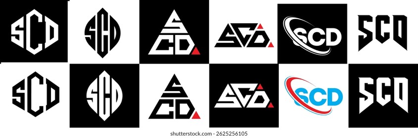 Design de logotipo de letra SCD em seis estilo. Polígono SCD, círculo, triângulo, hexágono, estilo simples e plano com logotipo de letra de variação de cor preto e branco definido em uma prancheta. SCD minimalista e logotipo clássico