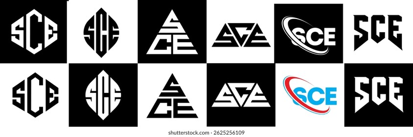 SCE letter logo design in six style. SCE polygon, circle, triangle, hexagon, flat and simple style with black and white color variation letter logo set in one artboard. SCE minimalist and classic logo