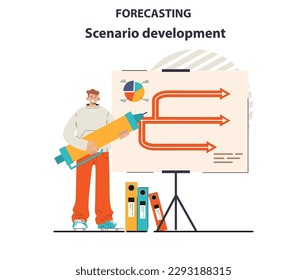 Scenario development for business forecast. Employee planning a new project, start up or marketing campaign. Business strategy building. Future profit and risks assesment. Flat vector illustration