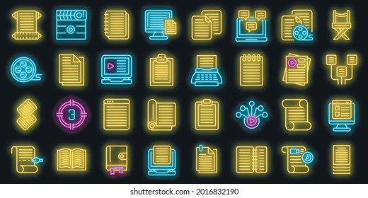 Scenario icons set. Outline set of scenario vector icons neon color on black