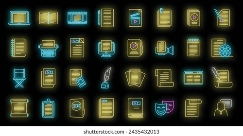 Scenario icons set outline vector. Event fabrications. Video moving neon isolated