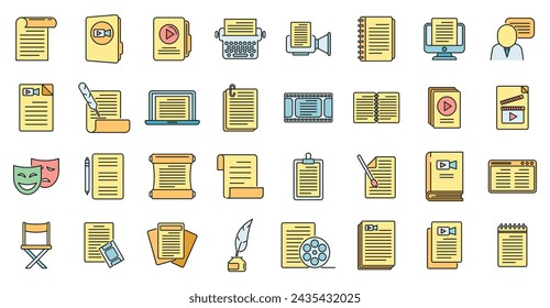 Scenario icons set outline vector. Event fabrications. Video moving color line isolated