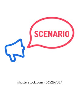 Scenario. Megaphone with speech bubble icon. Flat vector illustration on white background.