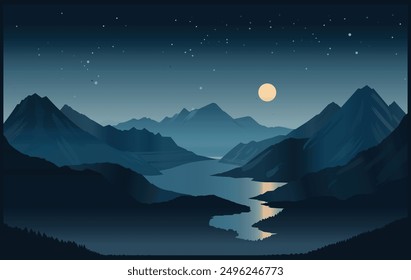 Scenario mountain night with moonlight in river. calm down, therapist picture, simple, Vector illustration.