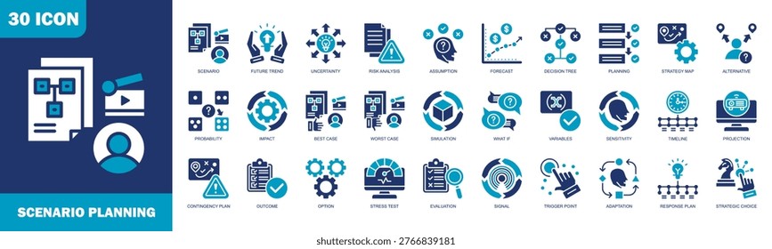 scenario planning icon set collection in flat blue style. icon set consist of scenario, future trend, uncertainty, risk analysis, assumption, forecast, decision tree, planning, strategy map and more.