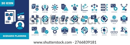 scenario planning icon set collection in flat blue style. icon set consist of scenario, future trend, uncertainty, risk analysis, assumption, forecast, decision tree, planning, strategy map and more.