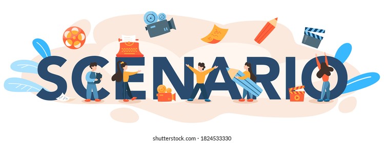 Scenario typographic header. Person create a screenplay for movie. Author writing new scenario for cinematography. Hollywood industry. Isolated vector illustration