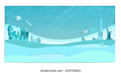 Scenario of underwater marine life with fish, jellyfish, rock formations and squid. Save the oceans concept. Vectors.