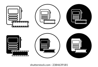 Scenario vector icon set. Film analysis folder sign. Movie story folder symbol for UI designs. In black filled and outlined style.