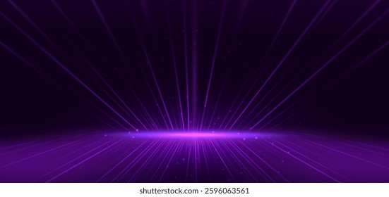 Scenc futuristic glowing neon purple rays. Hi speed motion moving concept on dark blue background. Vector illustration