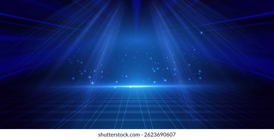 Scence futuristic glowing blue neon light ray with speed motion moving on dark blue background. Vector illustration