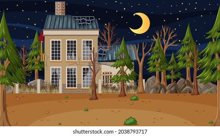 Scene with abandoned house in the dark forest illustration