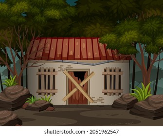 Scene with abandoned house in the dark forest illustration