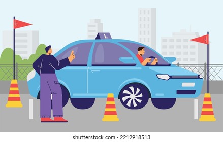 Scene About Driving School Flat Style, Vector Illustration. Student Learning To Parallel Park, Instructor Supervises Process. Cones, Flags And Markings, Practical Lesson